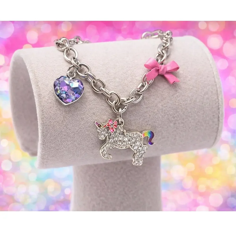 Silver Tone Glitter Unicorn Charm Bracelet w/ Crystal Heart & Bow New + Gift Box